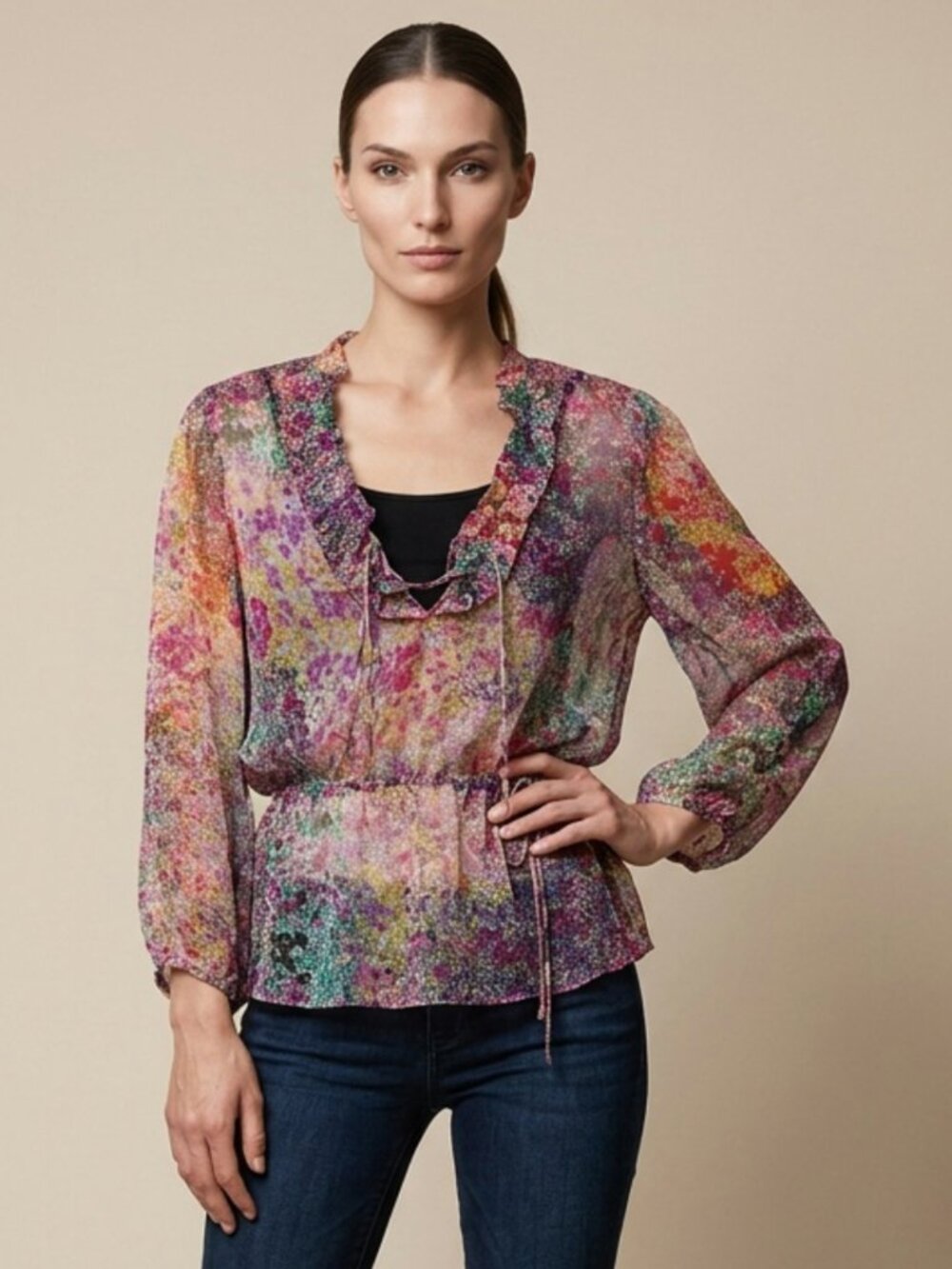LUCKY BRAND | 100% Silk Sheer Floral Peplum Blouse Sz XS